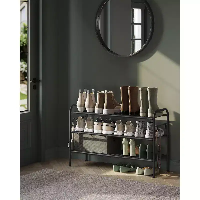 SONGMICS Shoe Rack, 3-Tier Shoe Organizer, Metal Shoe Shelf Storage with 4 Side Hooks, Holds 15 Pairs of Shoes, Height-Adjustable Shoe Rack, Ink Black