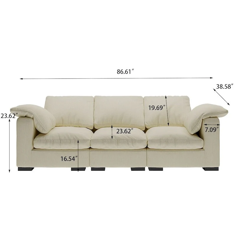 86.61  Modern Farmhouse Deep 3-Seater Sofa, Track Arm Couch, Linen Fabric Sofa