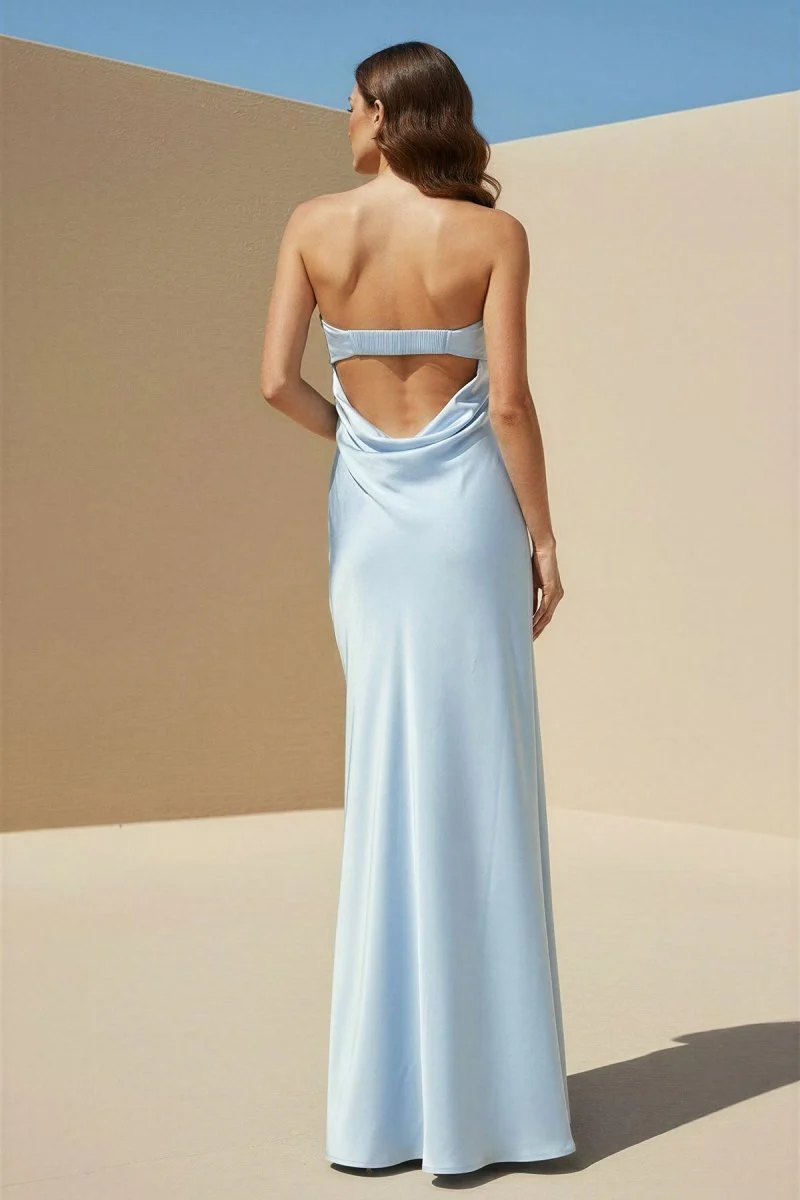 Sky Blue Strapless Sheath Satin Pleated Open Back Long Prom Dresses