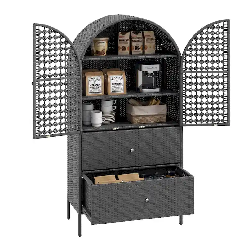 Moasis 65 Tall Arched Wicker Kitchen Pantry Cabinet,Farmhouse Cupboard with 3 Shelves & 2 Drawers