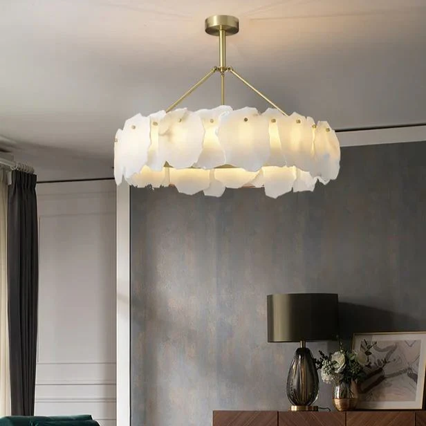 Brass Downrod Circular White Alabaster Chandelier