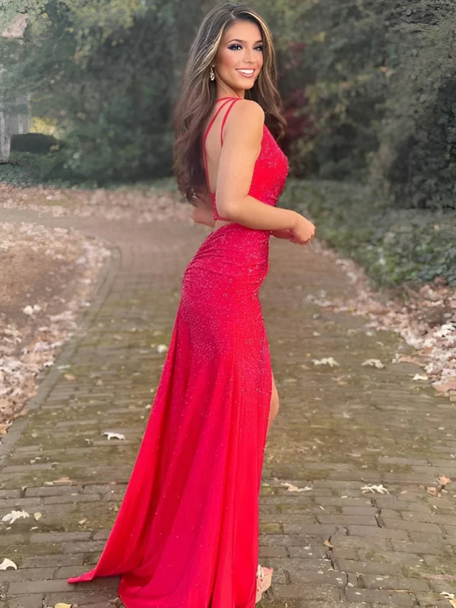 Mermaid One Shoulder Beaded Jersey Prom Dress with Slit