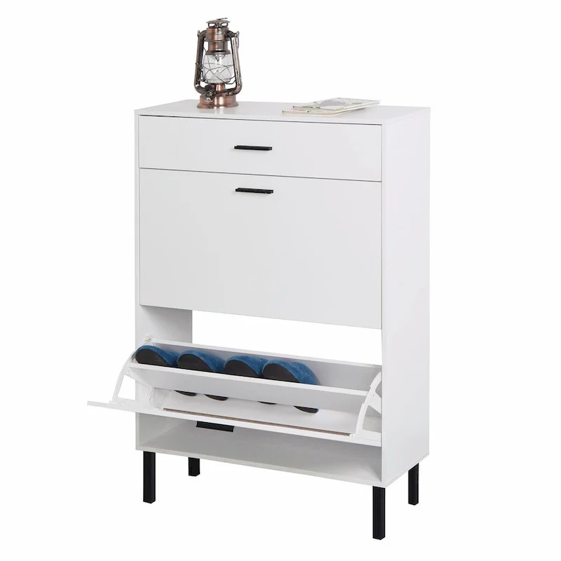 Freestanding Shoe Cabinet with Drawers, Metal Legs, and Flip Drawers