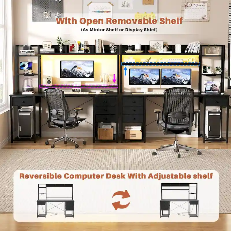 Gaming Desk with Hutch and Drawers, Office Computer Desk with Charge Station and LED Light