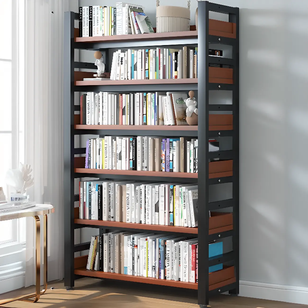 Freestanding Simple Multi-Layer Wood Bookshelf in Steel Frame