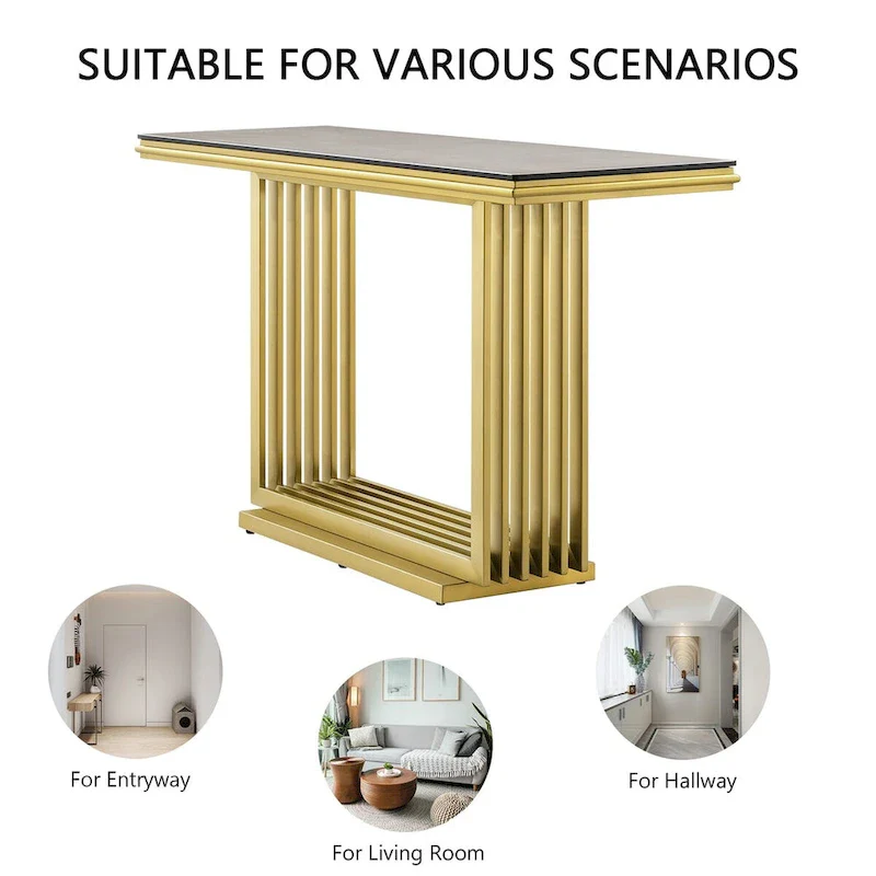 Glam 60 inch Rectangular Glass Console Table with Brushed Gold Stainless Steel Base