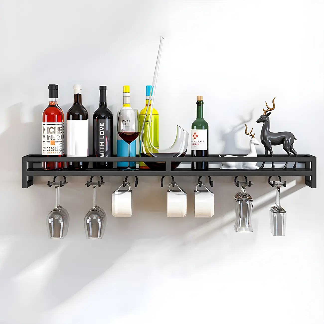 Floating Mount Metal Wine Glasses and Bottle Rack with Hook