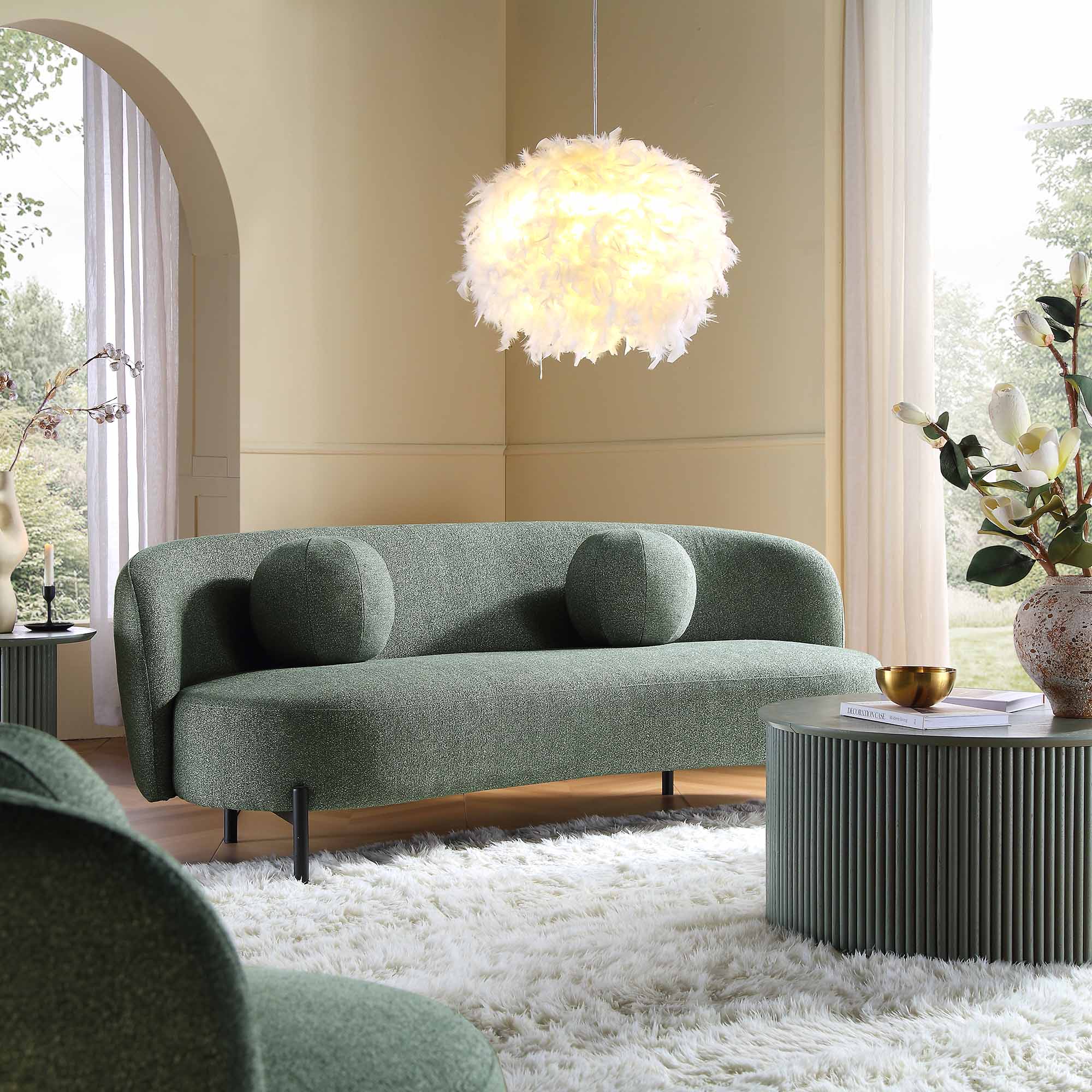 3-Seater Curved Sofa with Ball Cushions, Spruce Green Textured Fabric