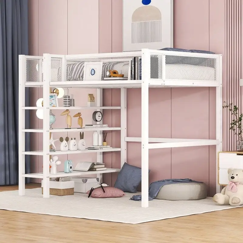 Twin Size Metal Loft Bed with 4-Tier Shelves and Storage