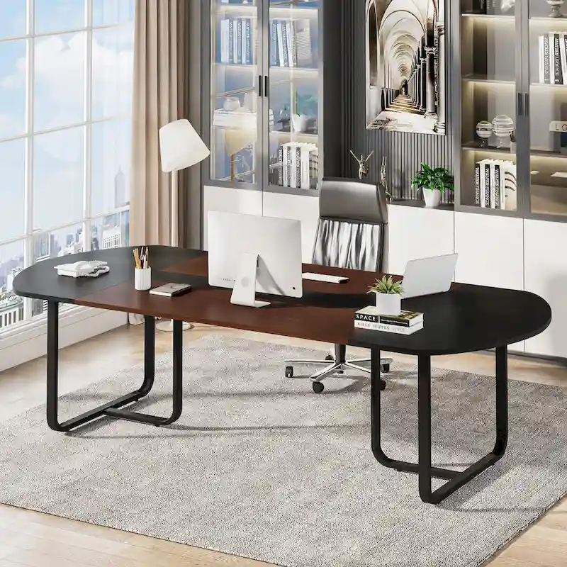 Walnut & Black / Natural & Black Modern Curved Desk, Single Person