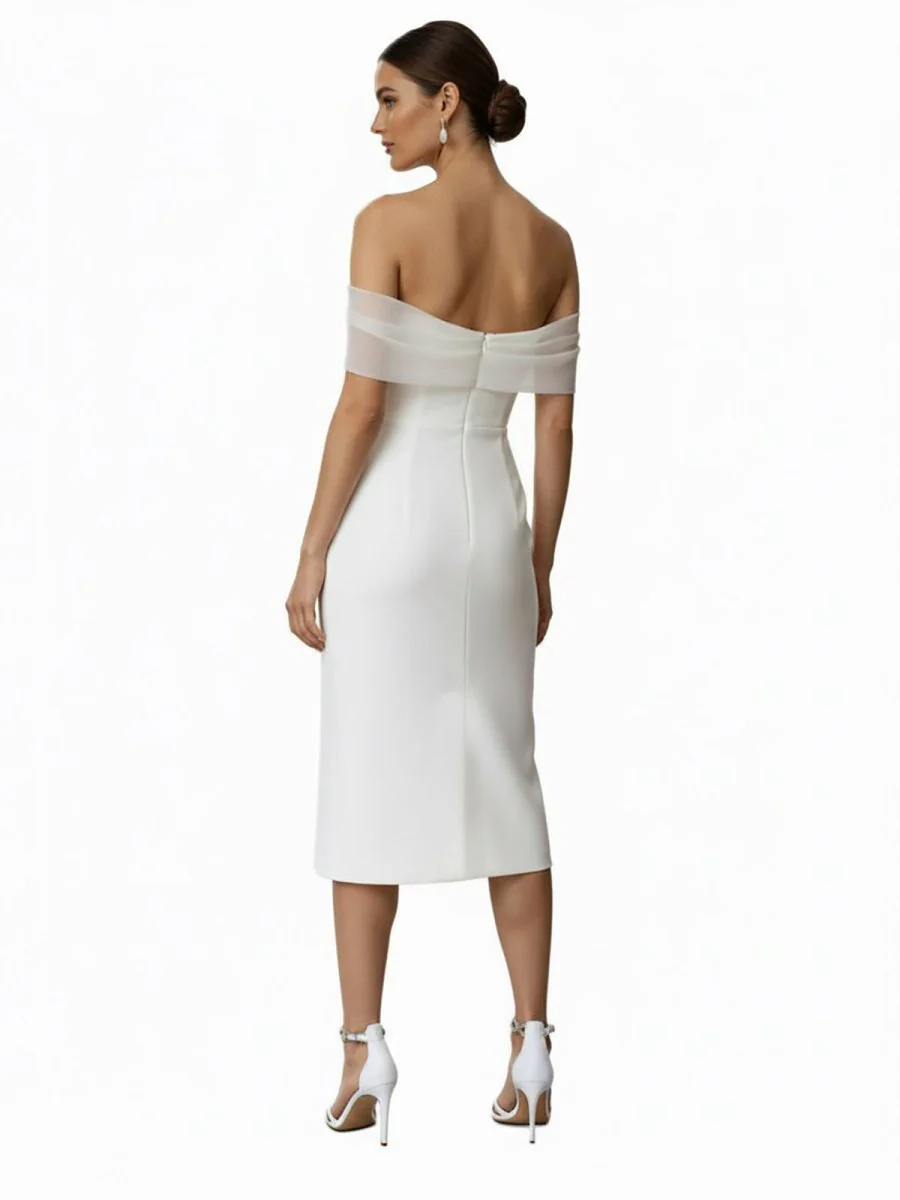 Sheath Off-The-Shoulder Sleeveless Tea-Length Wedding Dresses