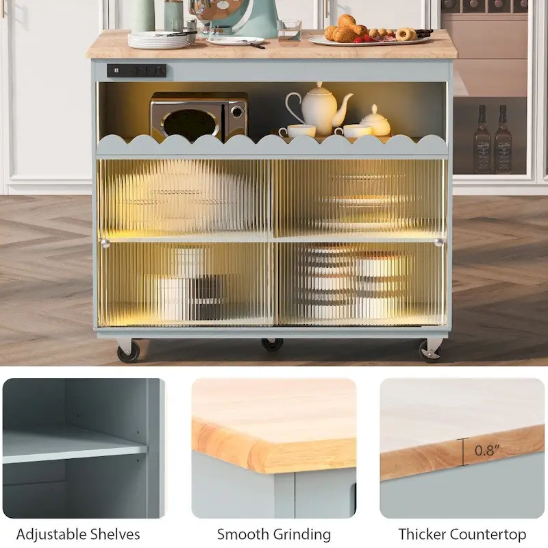 LED Light Kitchen Island on Wheels with Drop Leaf and Power Outlets