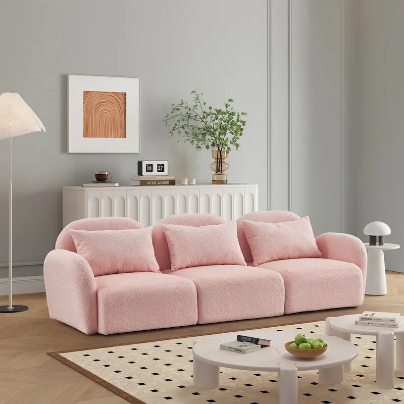 Pink / Blue / White Teddy Fabric 3-Seat Sofa with Curved Arms – Modern Style, Seats 3