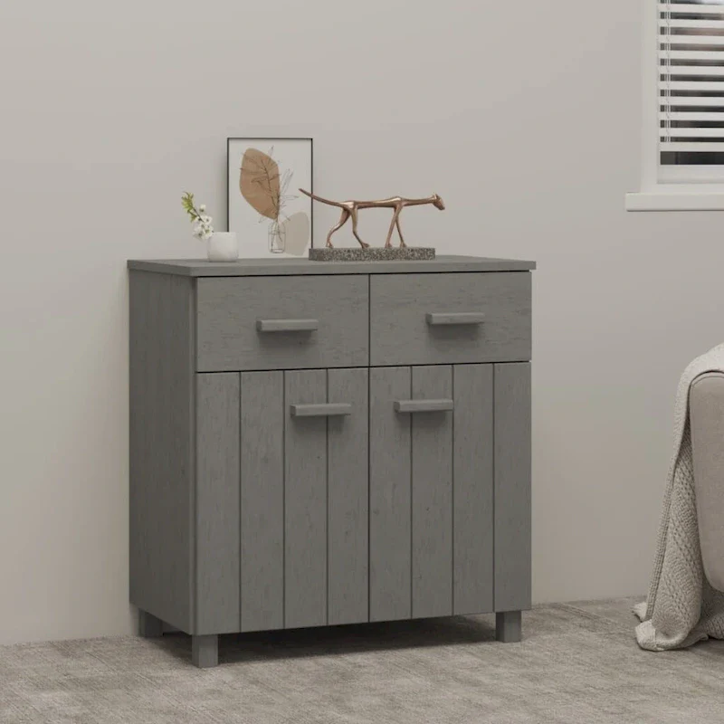 Light Gray / White Solid Pine Wood Sideboard with 2 Doors & 2 Drawers, 1-Person Assembly