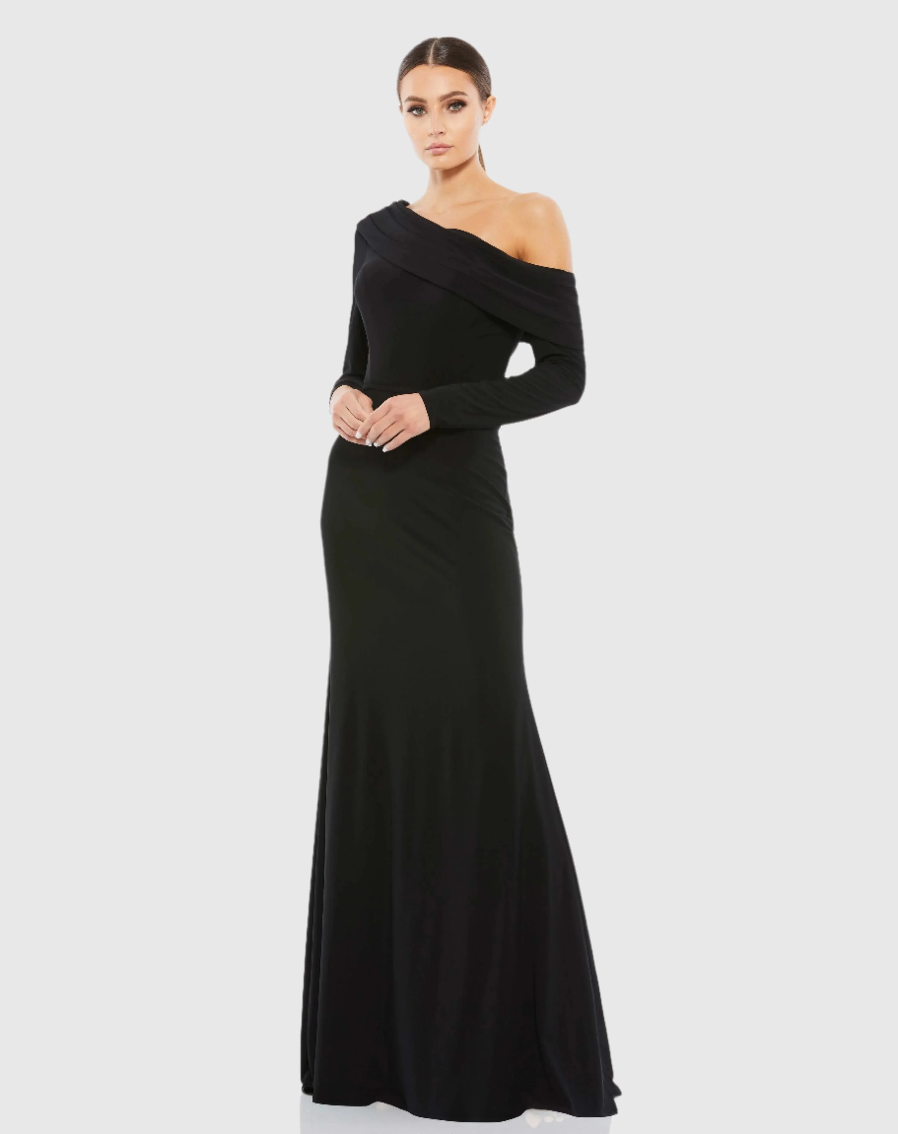 Black Drop Shoulder Long Sleeve Column Gown