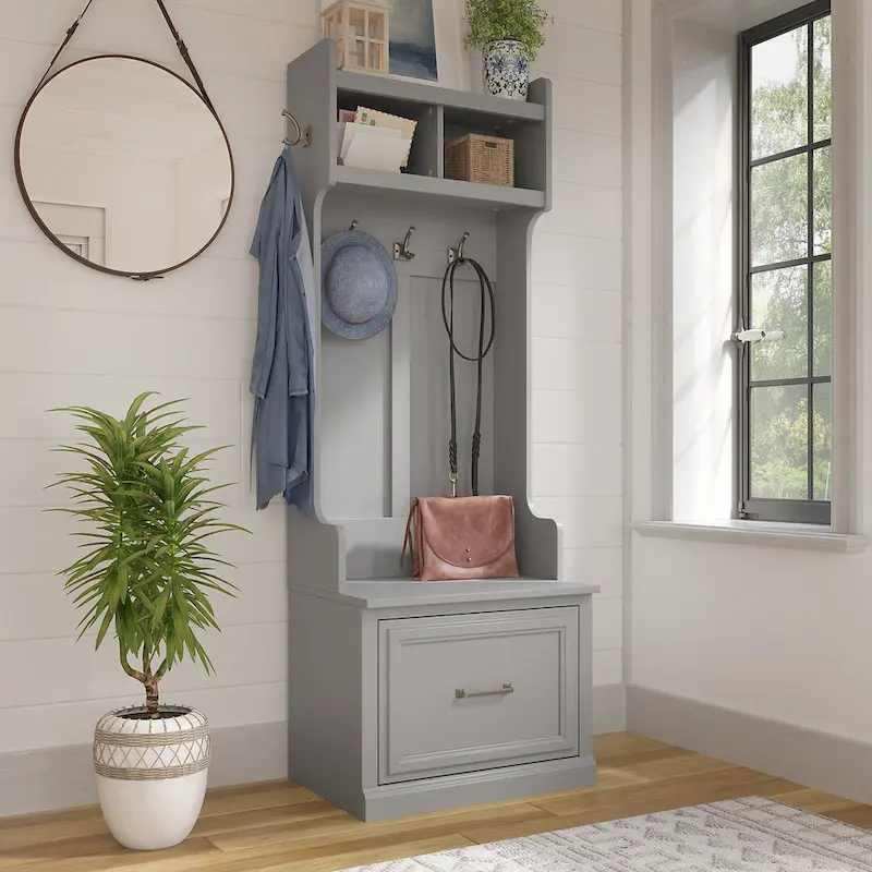Hall Tree & Shoe Bench Set 24W - Coat Hooks, Storage Drawer, 250 lbs Capacity, Transitional Entryway