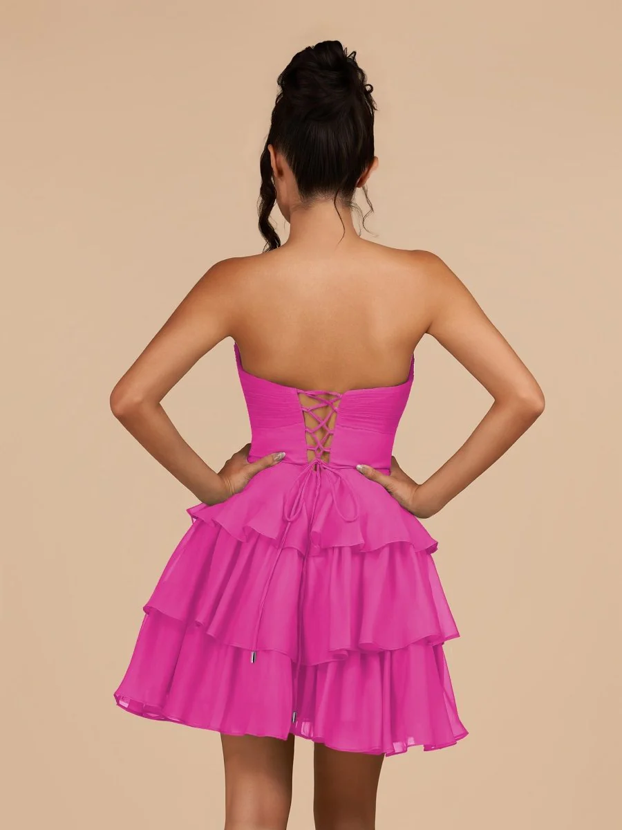 Fuchsia - Strapless A Line Chiffon Ruffles Homecoming Dresses With Flower