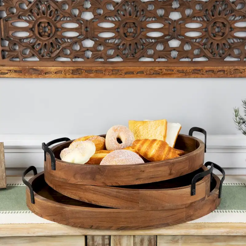 Acacia Wood Trays with Metal Handles - Set of 3 - 21.75