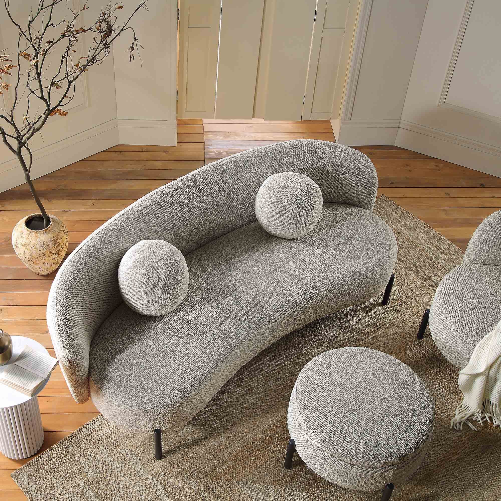 3-Seater Curved Sofa with Ball Cushions, Mist Gray Boucle