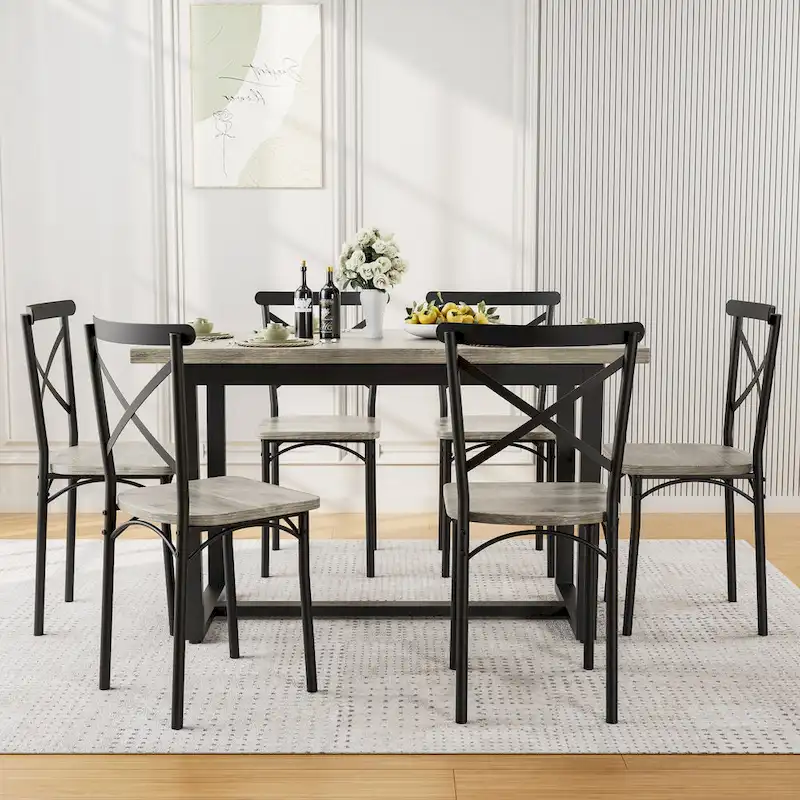 Modern Style 7-Piece Dining Set with Rectangular Table and 6 Cross Back Dining Chairs
