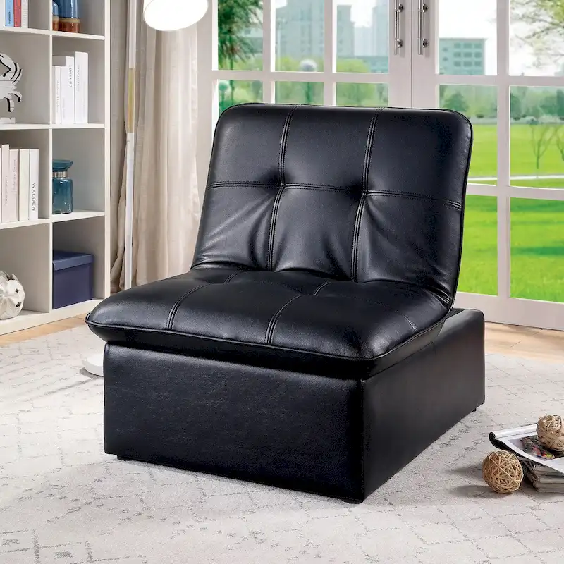 Black / White / Grey Faux Leather Tufted Adjustable Accent Chair & Ottoman, 1-Person