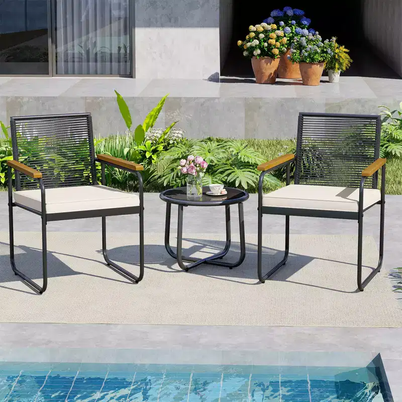 Costway 3 PCS Patio Furniture Set with Round Tempered Glass Top Table Armrests & Cushions
