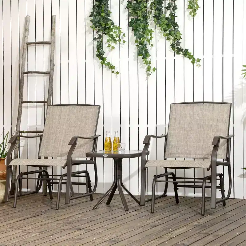 3 Piece Outdoor Glider Chair with Coffee Table Bistro Set, 2 Patio Rocking Swing Chairs with Breathable Sling Fabric, Glass Tabletop