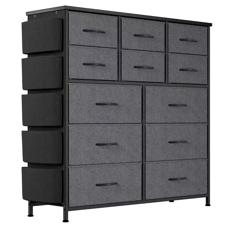 12-Drawer Fabric Storage Cabinet, 5 Side Pockets, 2 Hooks, Metal Frame, Adjustable Feet, for Bedroom, Living Room