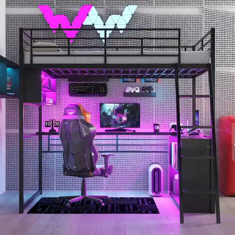 Black Full Size Loft Bed with LED Lighting & Desk, Single