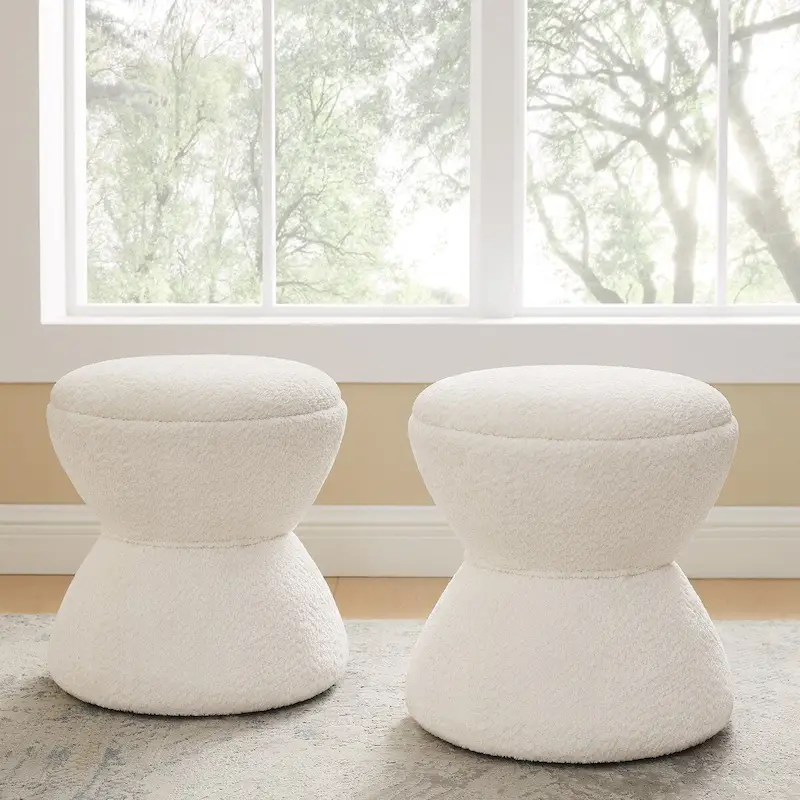 Boucle Upholstered Ottoman, Pouf, Vanity Stool for Living Room, Walk-in Closet (Set of 2)