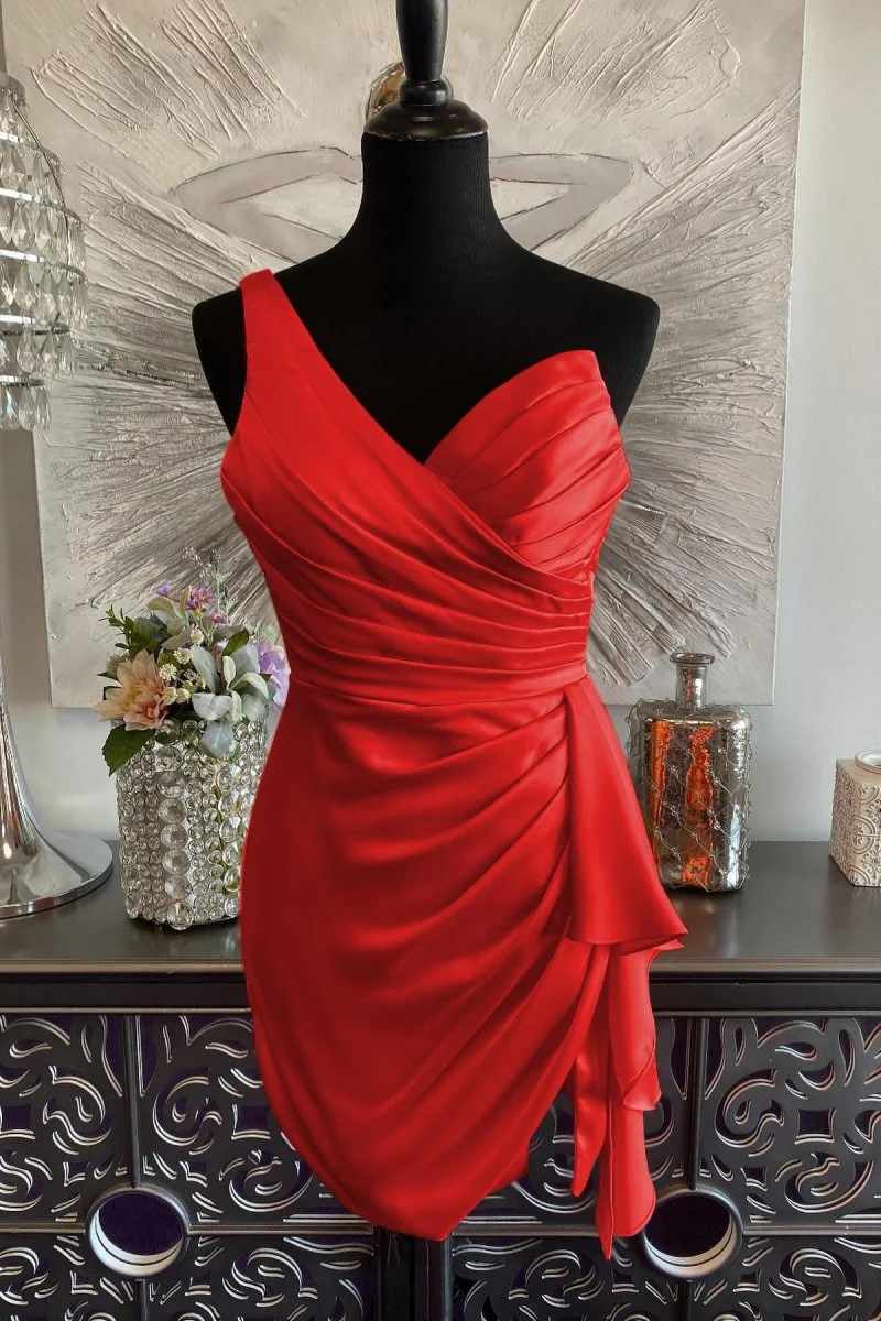 Red - One Shoulder Spandex Pleated Homecoming Dresses With Slit