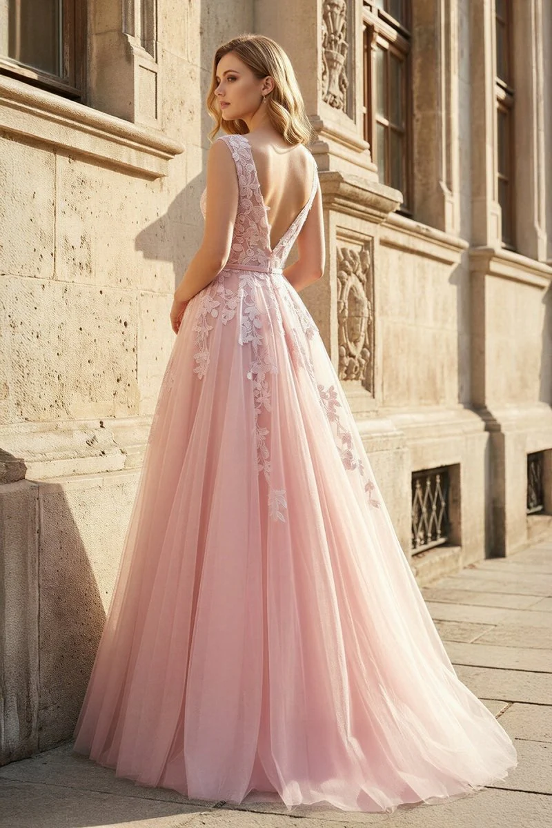 Pink Tulle Lace Long Prom Dress, Lovely A-Line Open Back Evening Dress