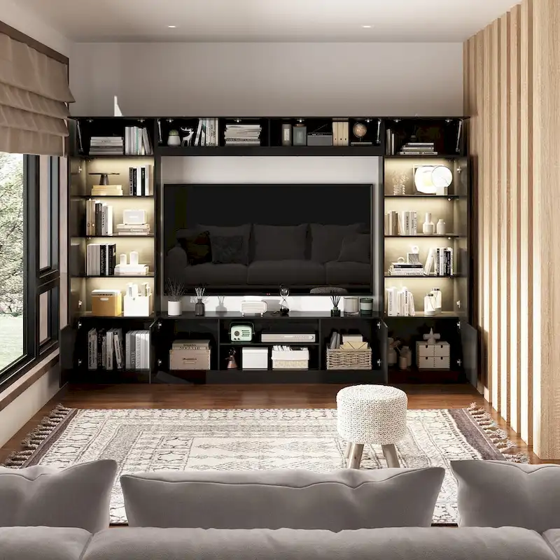 White/Black TV Stand with Bookshelves for 2-3 People