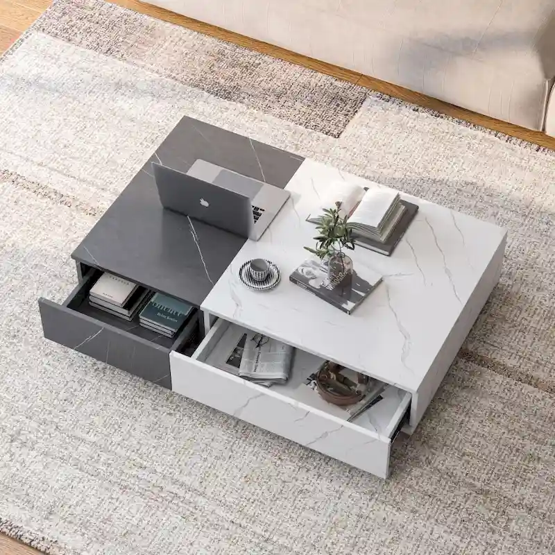 White & Black Two-Tone Coffee Table with 2 Storage Shelves, 1-Person Use
