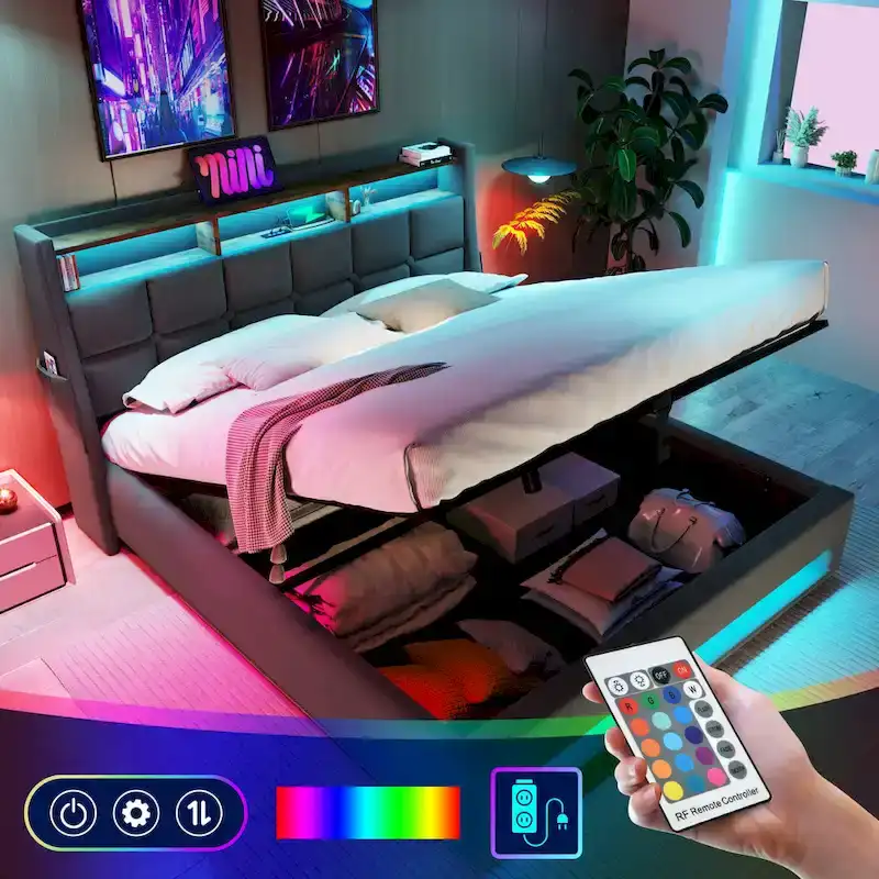 Grey Full Size Upholstered Platform Bed with Hydraulic Storage, LED, and USB Charging