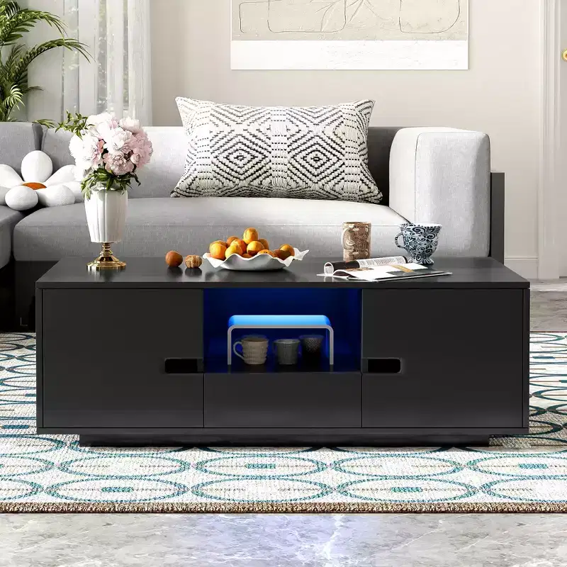 Okak Modern LED Coffee Table, 16-Color Lighting & Storage Space in High Gloss Finish, Rectangle Accent Center Table for Living Room