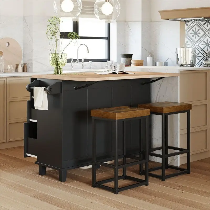 Natural Wood Kitchen Island with Drop Leaf - 2 Stools