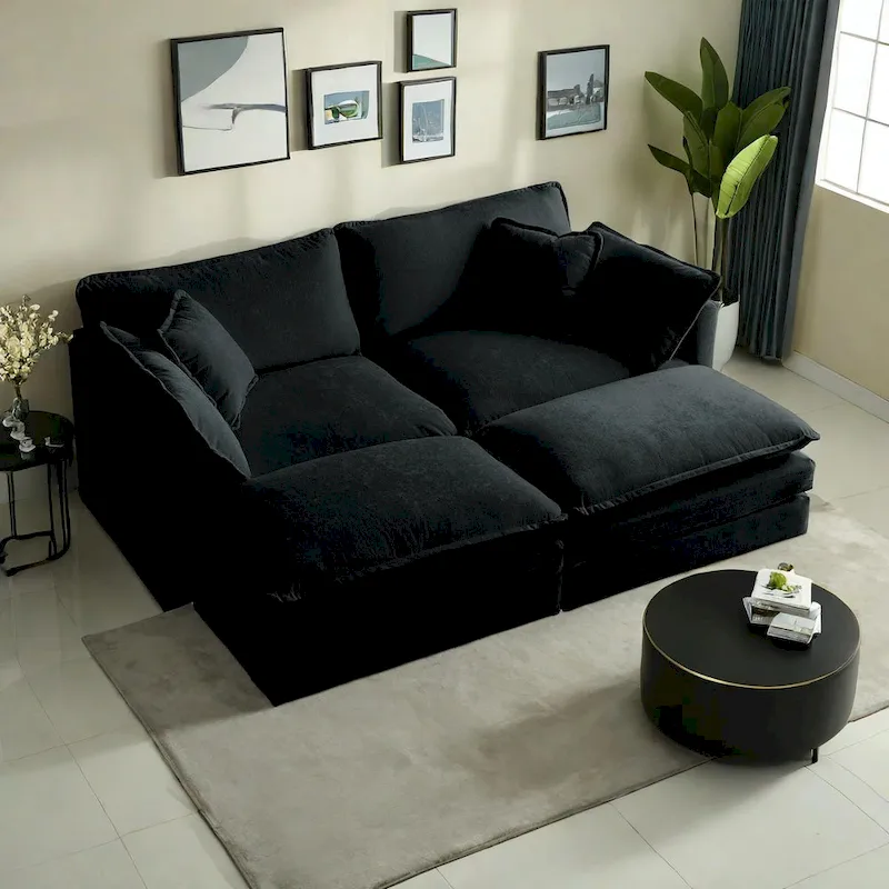 4-Piece Modular Chenille Upholstered Sleeper Sectional Sofa Bed with Ottoman