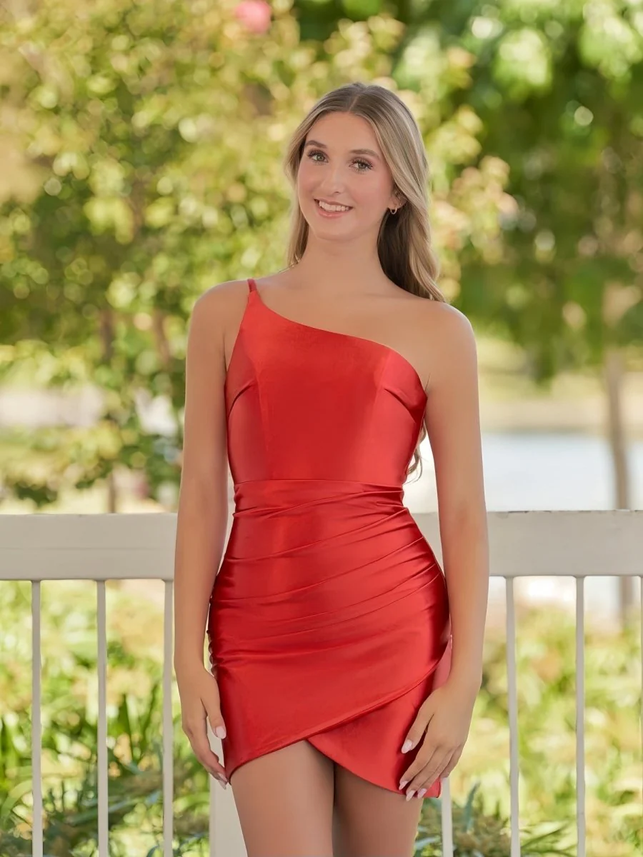 Sheath Red One Shoulder Satin Tight Homecoming Dress