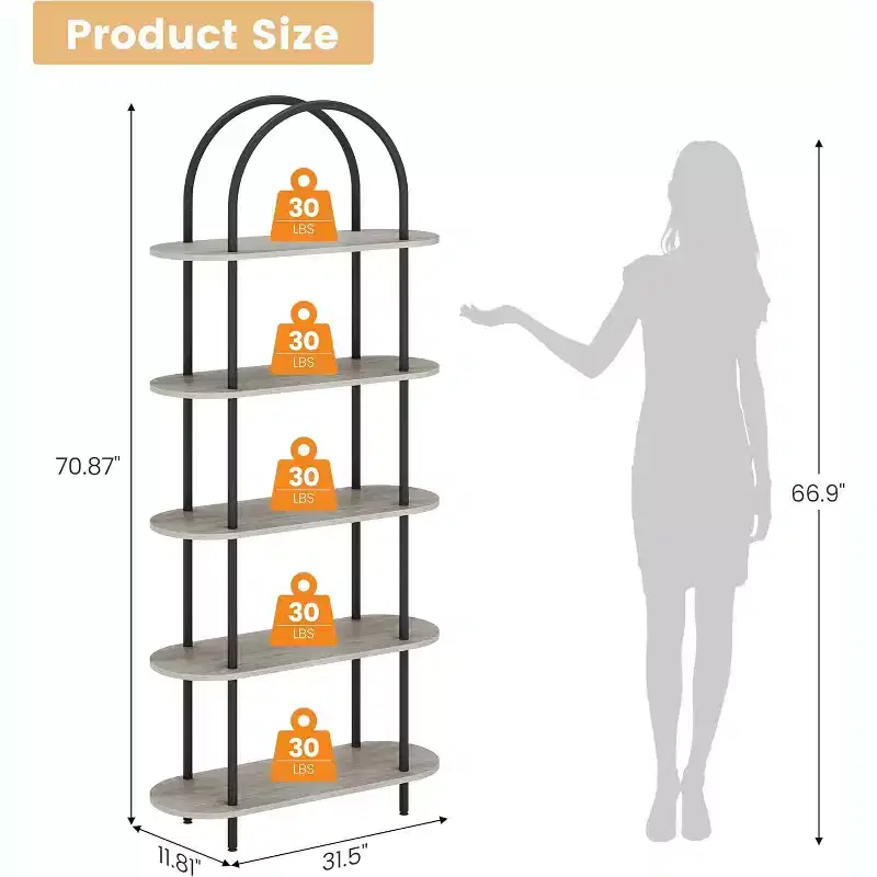 Bookshelf, 5-tier arched display bookshelf, freestanding open storage rack, metal frame, suitable for bedroom, living room, office, 71 feet