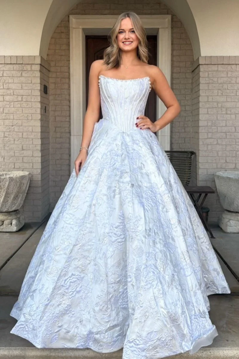 White - A Line Strapless Jacquard Long Prom Dresses
