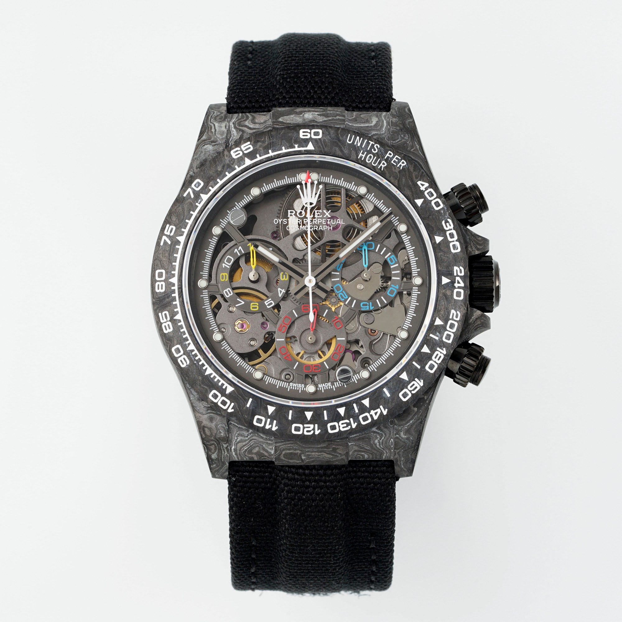 Rolex Daytona carbon skeleton dial super clone front view