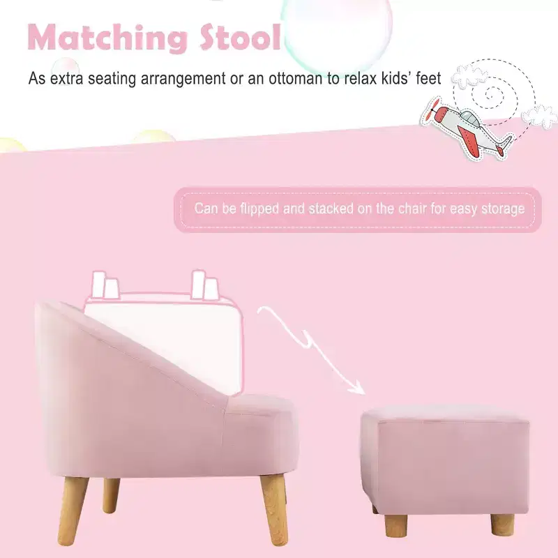 Costway Kids Sofa Chair w/ Ottoman Toddler Single Sofa Velvet Upholstered Couch Grey\Pink