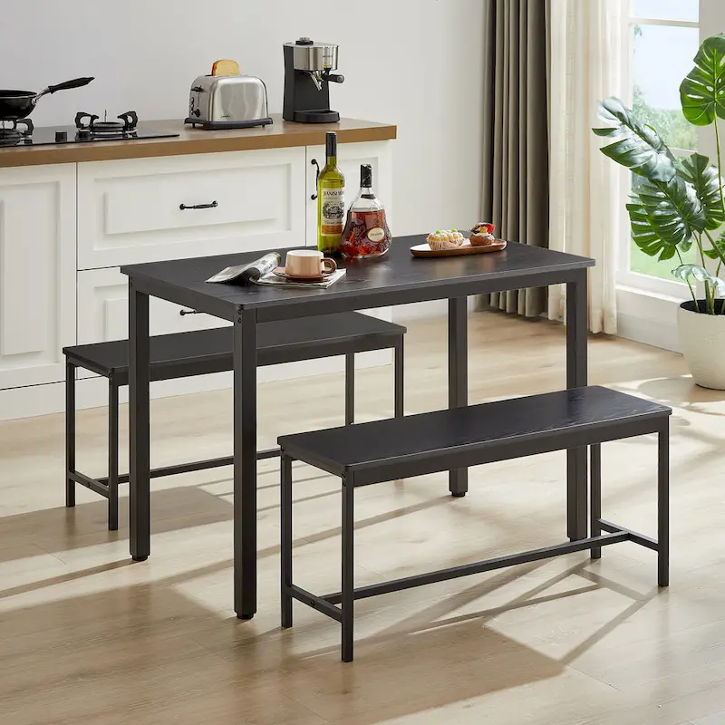 Industrial Rectangle Dining Table Set with 2 Benches Breakfast Nook Dining Table Set Kitchen Dining Table Set Metal Legs