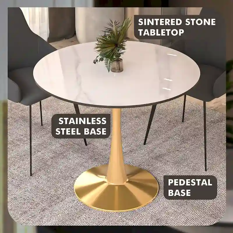 LeisureMod Round Dining Table 40 Sintered Stone Tabletop in Gold Steel Bistro Series