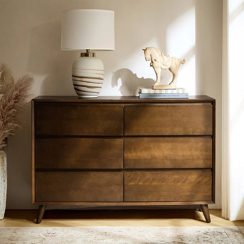 6-Drawer Dresser with Internal Partitions, Metal Glides, Rubber Wood Legs & Adjustable Feet | Acorn / Walnut | Single