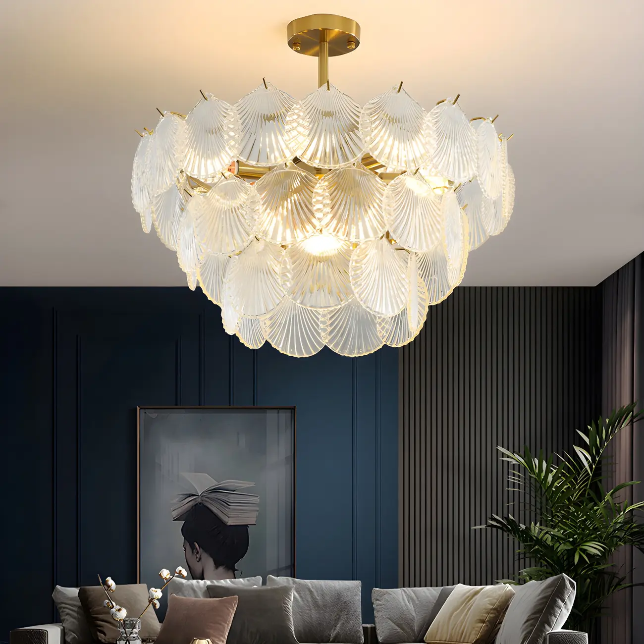 Adjustable Elegant Gold Unique Layered Scallop Glass Chandelier