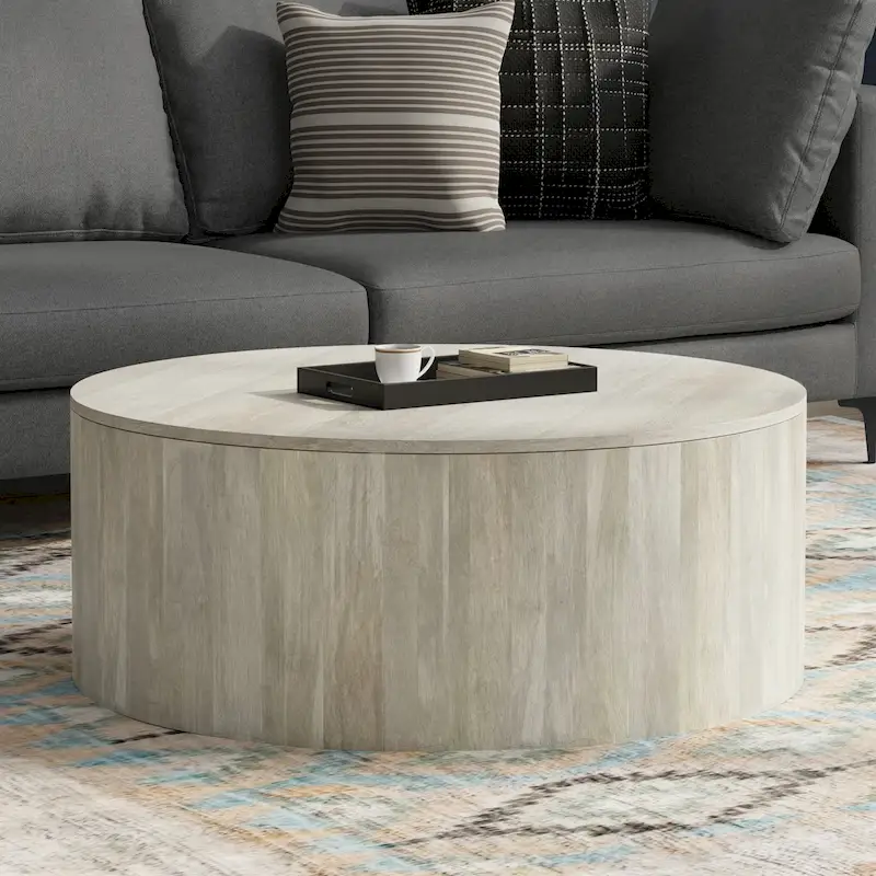 White Wash / Walnut / Black / Natural Round Drum Coffee Table, Solid Mango Wood, 36 Inch