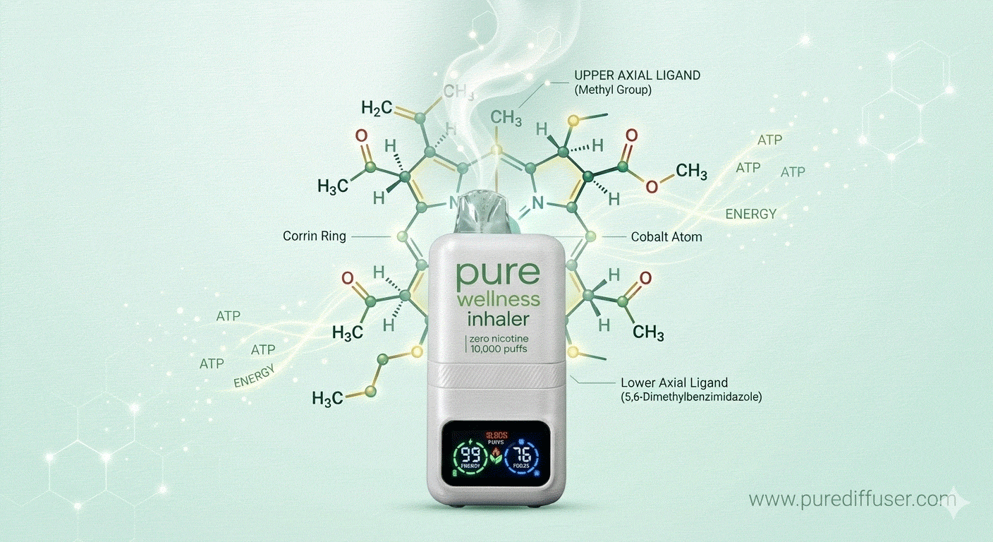 Pure Mate Vitamin B12 Molecular Structure Infographic - Methylcobalamin Absorption and 10,000 Puffs Wellness Inhaler by www.purediffuser.com