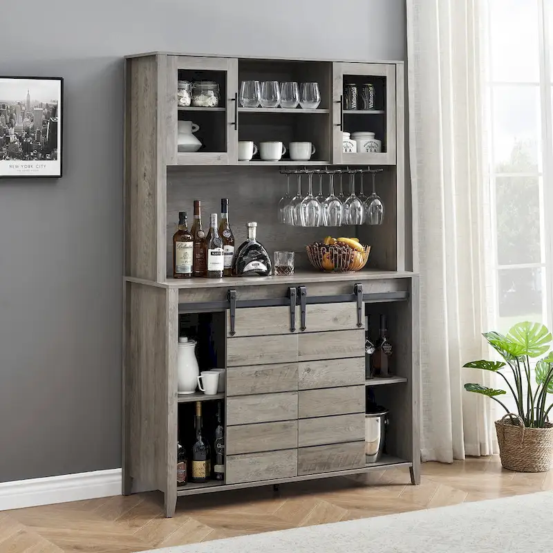 Farmhouse Wine Cabinet Kitchen Buffet with Wine Rack - 15.7D x 47.2W x 69.6H